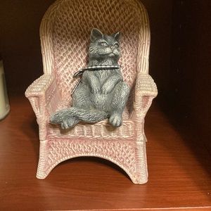 Handcrafted Cat and Wicker Chair Figurine Set